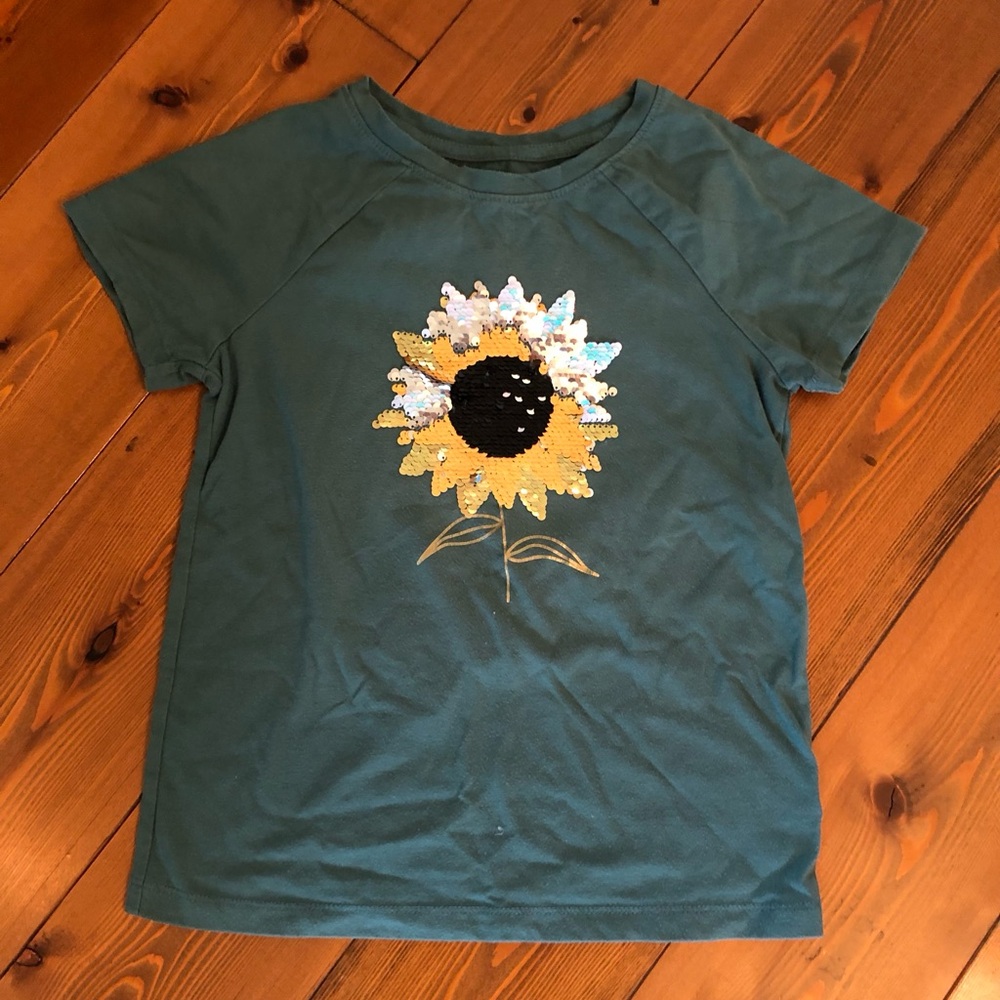 Cat & Jack Green Sequin Dazzle Sunflower T shirt Girls 7-8 M
